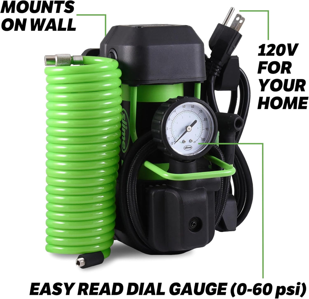 Slime 40045 Home Tire Inflator, Wall Mounted 120V, SUV, 4x4 Air Compressor, H...