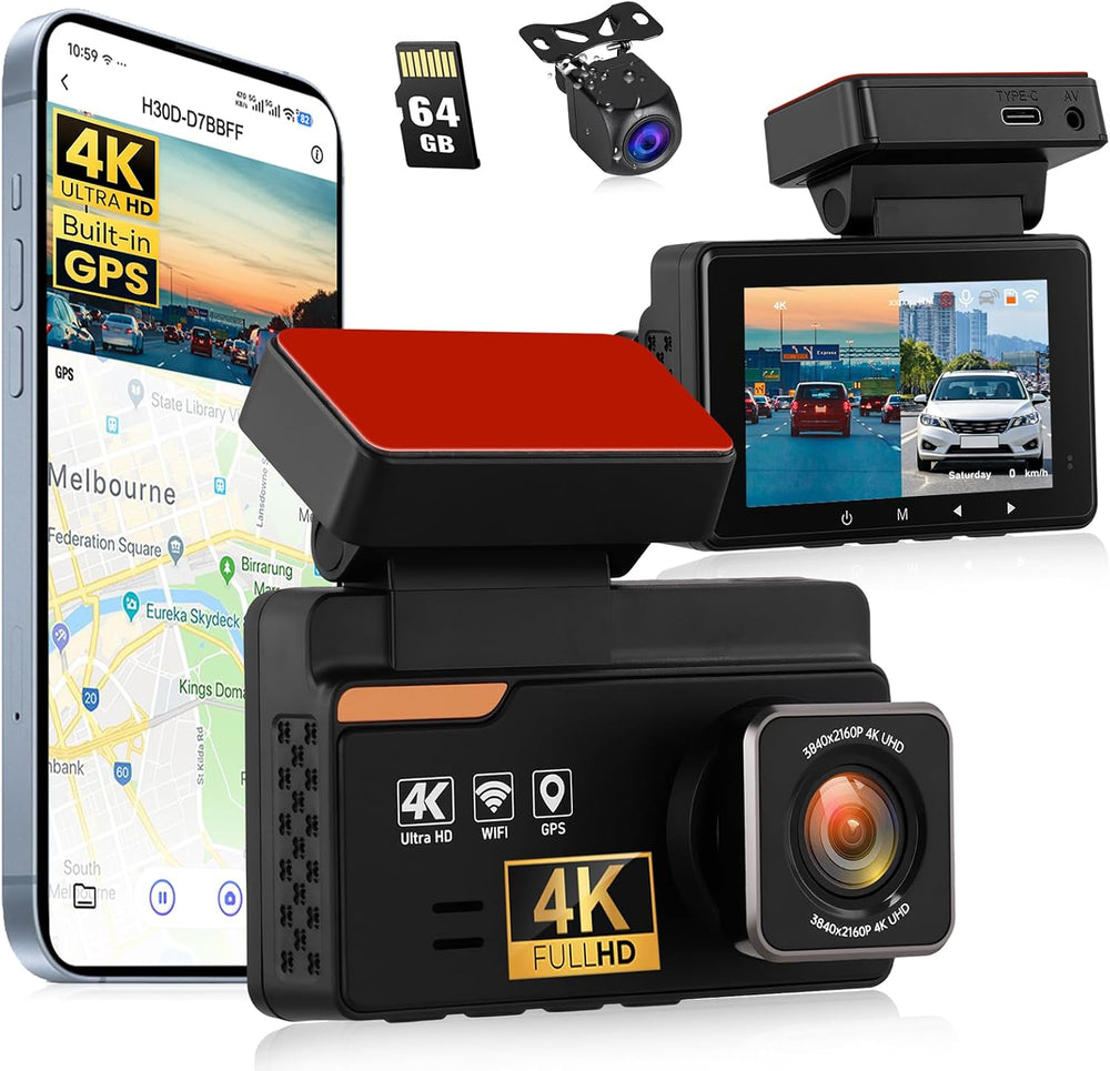 4K Dash Cam Front and Rear, GPS, ADAS, Built-in WiFi, Free 64G Card