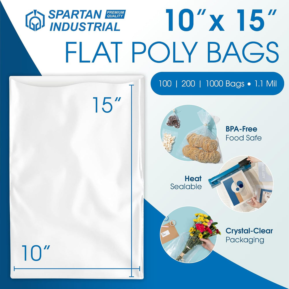 10" X 15" Open-End Flat Poly Bags (1000 Count) - 1.1 Mil Clear Plas...