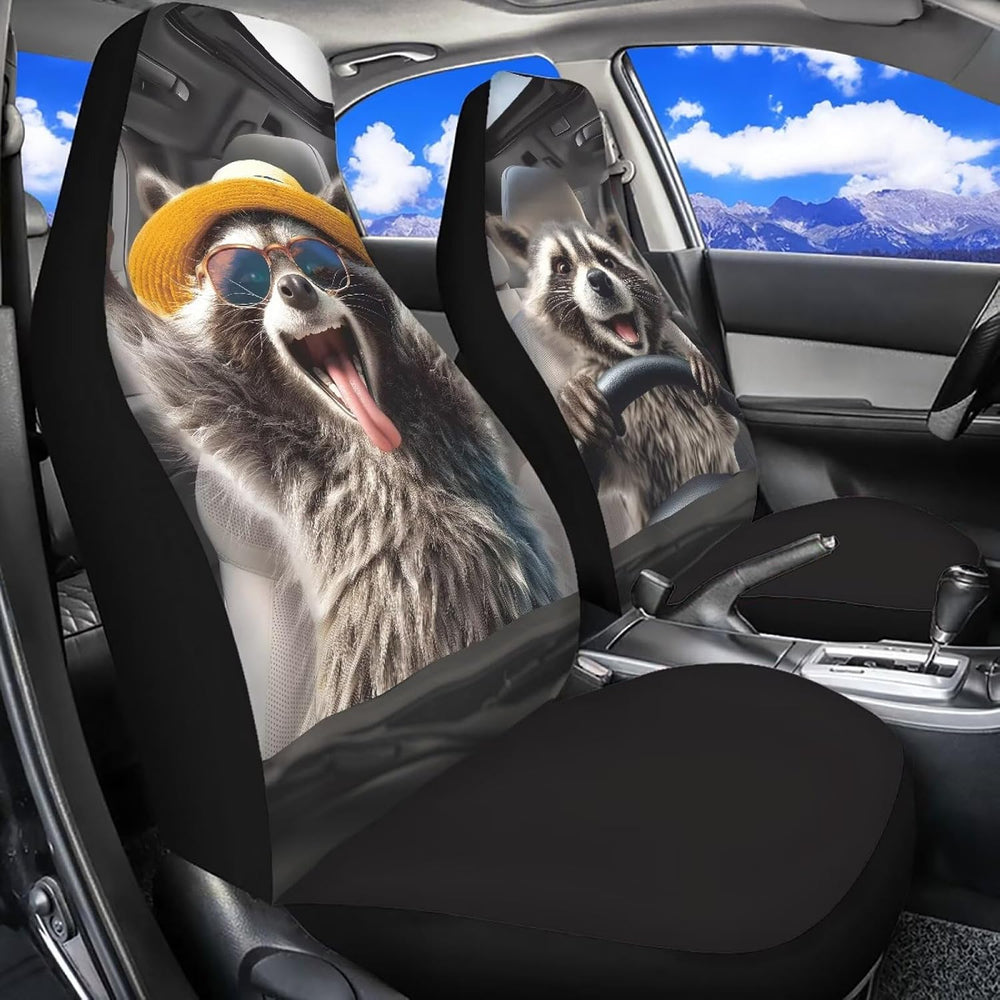 Funny Front Seat Covers for Cars Happy Raccoon Soft Bucket Seat Covers Scratc...