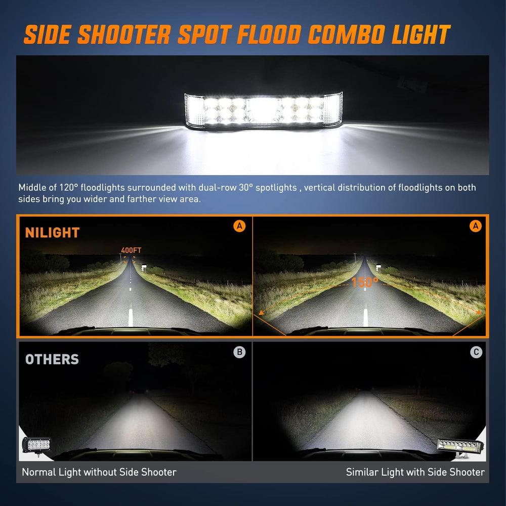Nilight Side Shooter LED Light Bar / Pods 2PCS 6.5 Inch 60W Flood Spot Beam C...