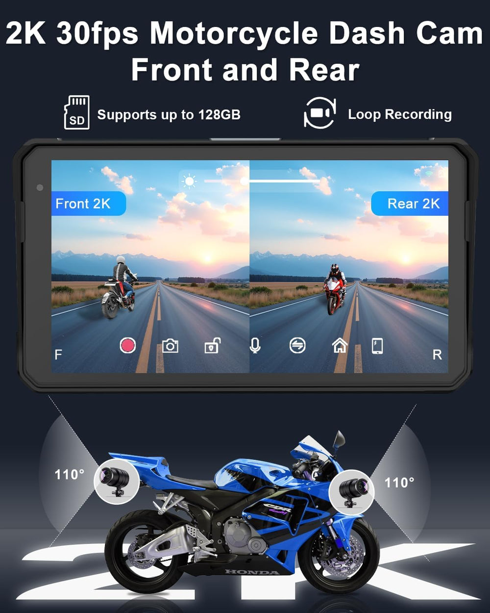 2K Motorcycle Dash Cam Front and Rear, 6" Carplay & Android Auto Screen