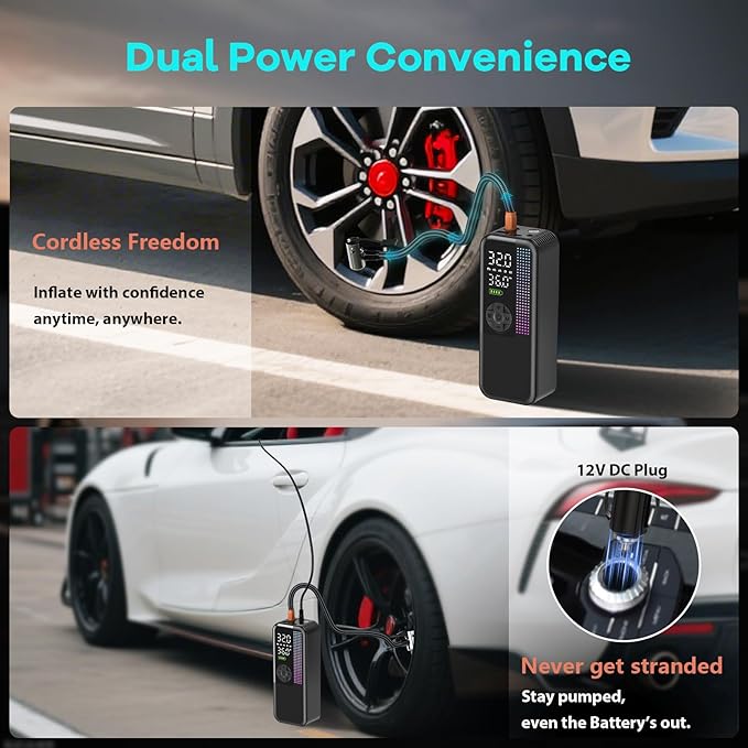 Tire Inflator Portable Air Compressor, 150 PSI Cordless Air Pump, Dual Power