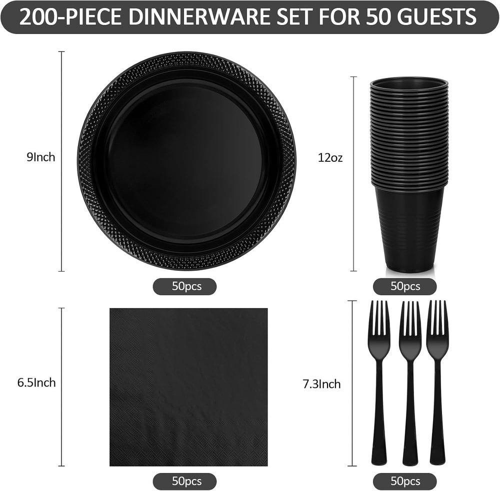 200pcs Black Plastic Party Plates Set, Disposable Black Plates and Napkins fo...