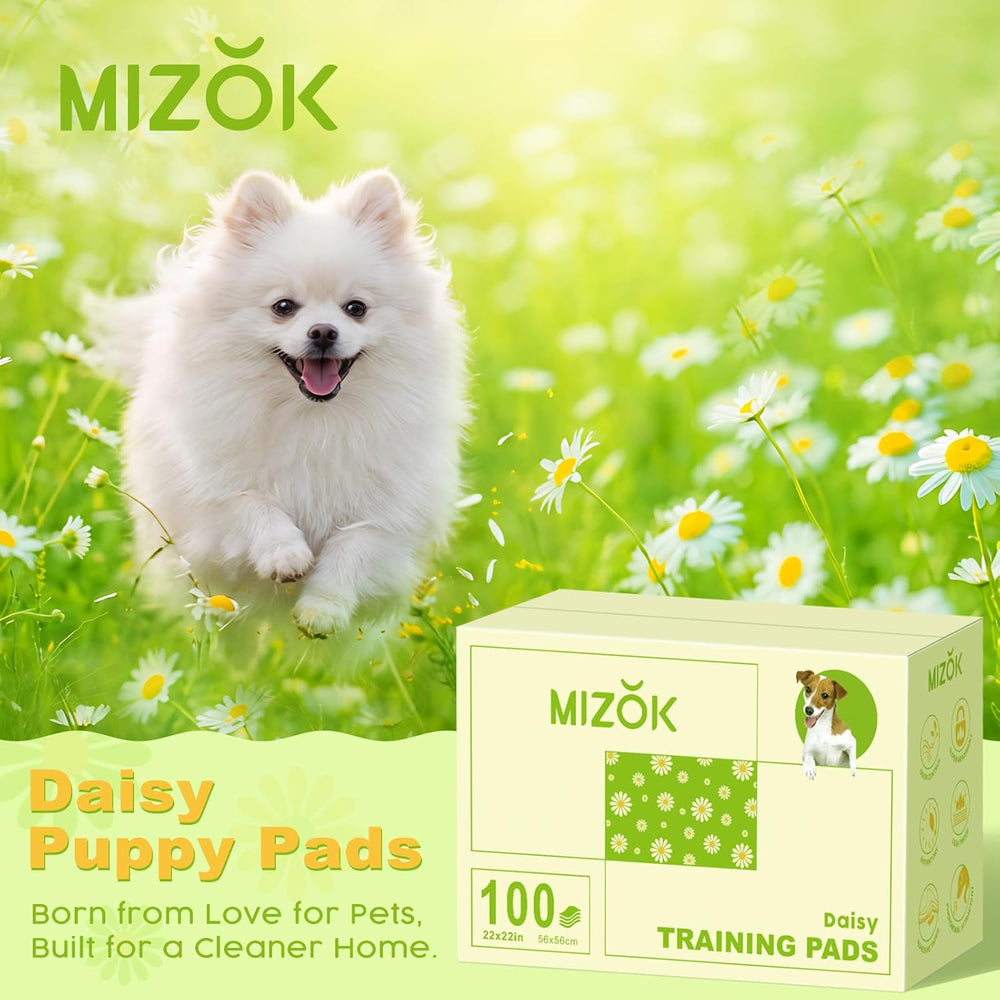 MIZOK Puppy Pads with Adhesive Tabs Green Daisy Prints Small 22x22in 100Ct