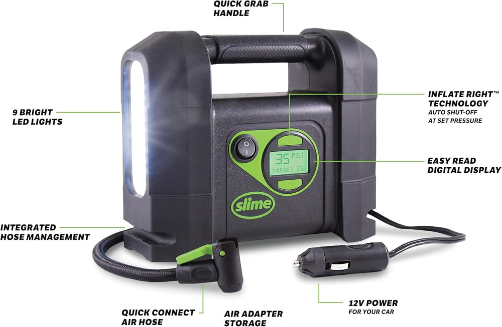 Slime 40047 Tire Inflator, Portable Car Air Compressor, Rugged, Inflate Right...