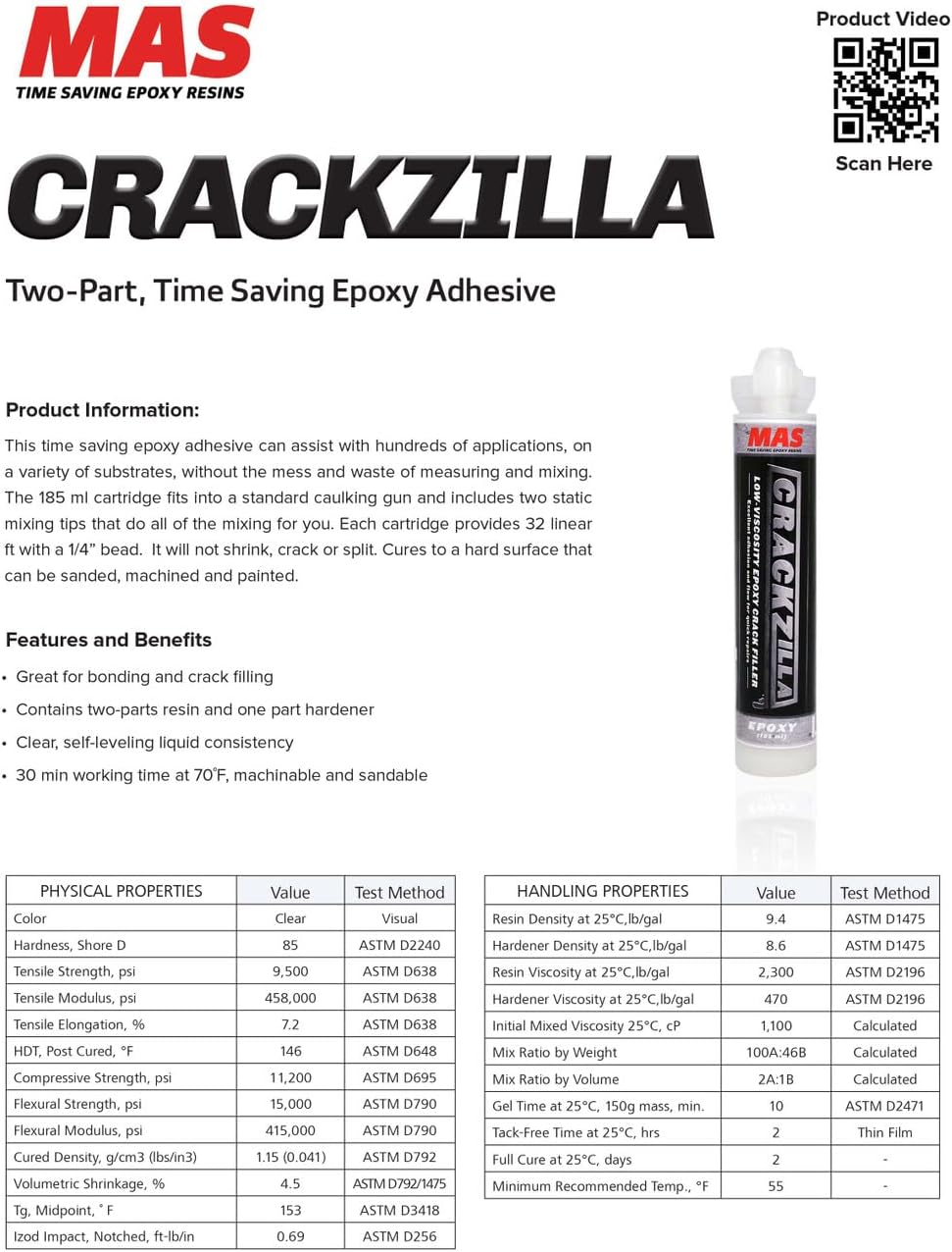 MAS Epoxies Crackzilla Low Viscosity Epoxy Crack Filler, 185 ml
