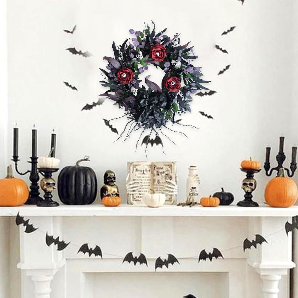 22 Inch Halloween Wreath with Black Roses Skeleton and Eye Balls for Front Do...