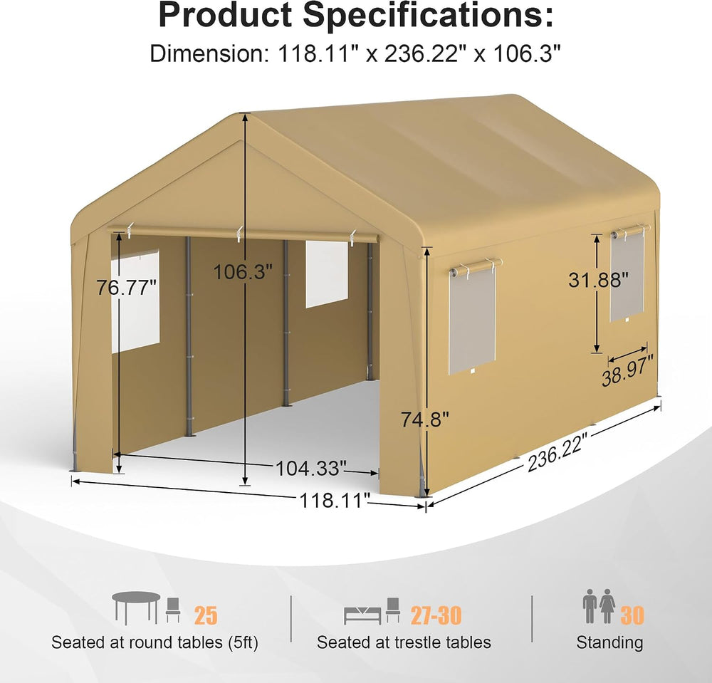 10x20 Carport with Roll-up Windows,Portable Garage Canopy for Truck Boat