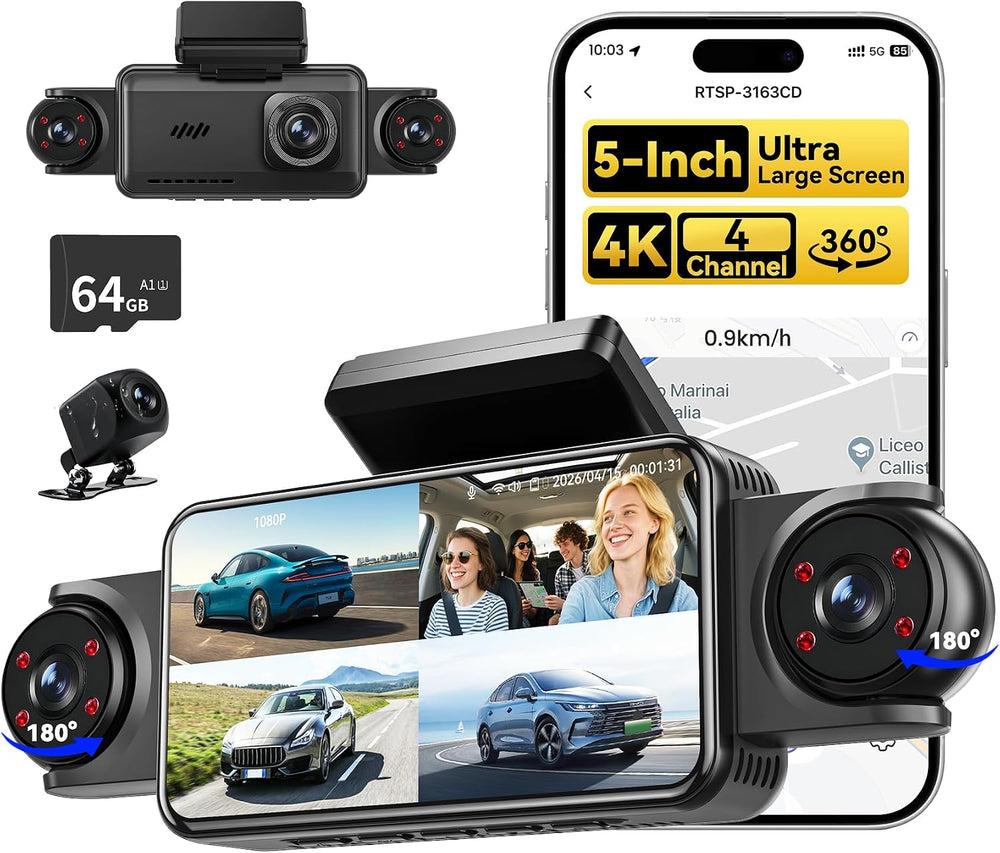 5'' Extra Large 4K Dash Cam Front Rear Left Right, 360ยฐ 4 Channel Das...