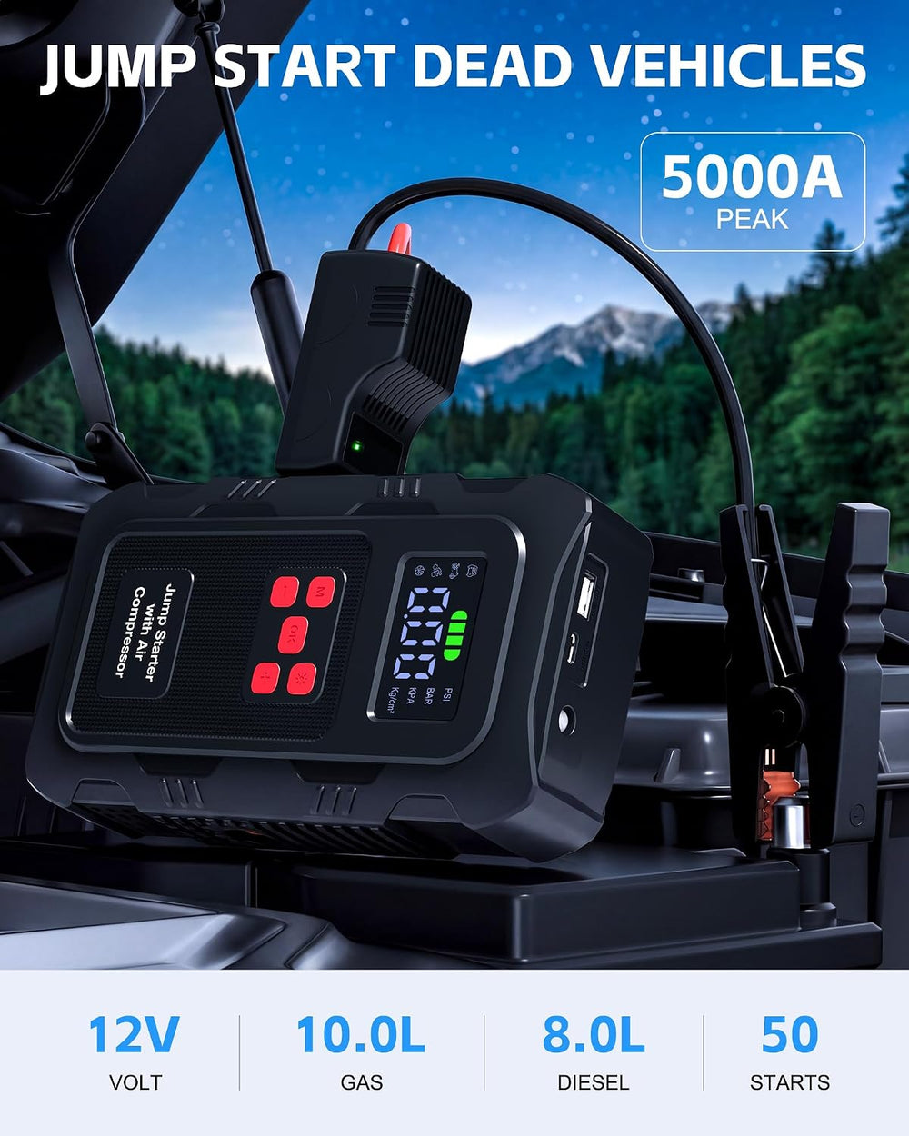 5000A Jump Starter with Air Compressor, Portable Car Battery Jump Starter wit...
