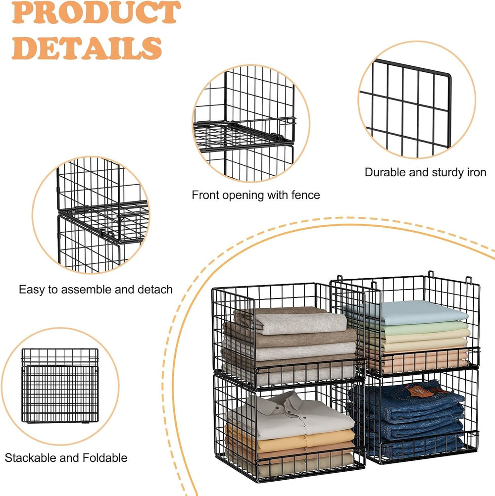 Stackable Closet Organizers and Storage Baskets, 4-Tier Closet Shelf Organize...