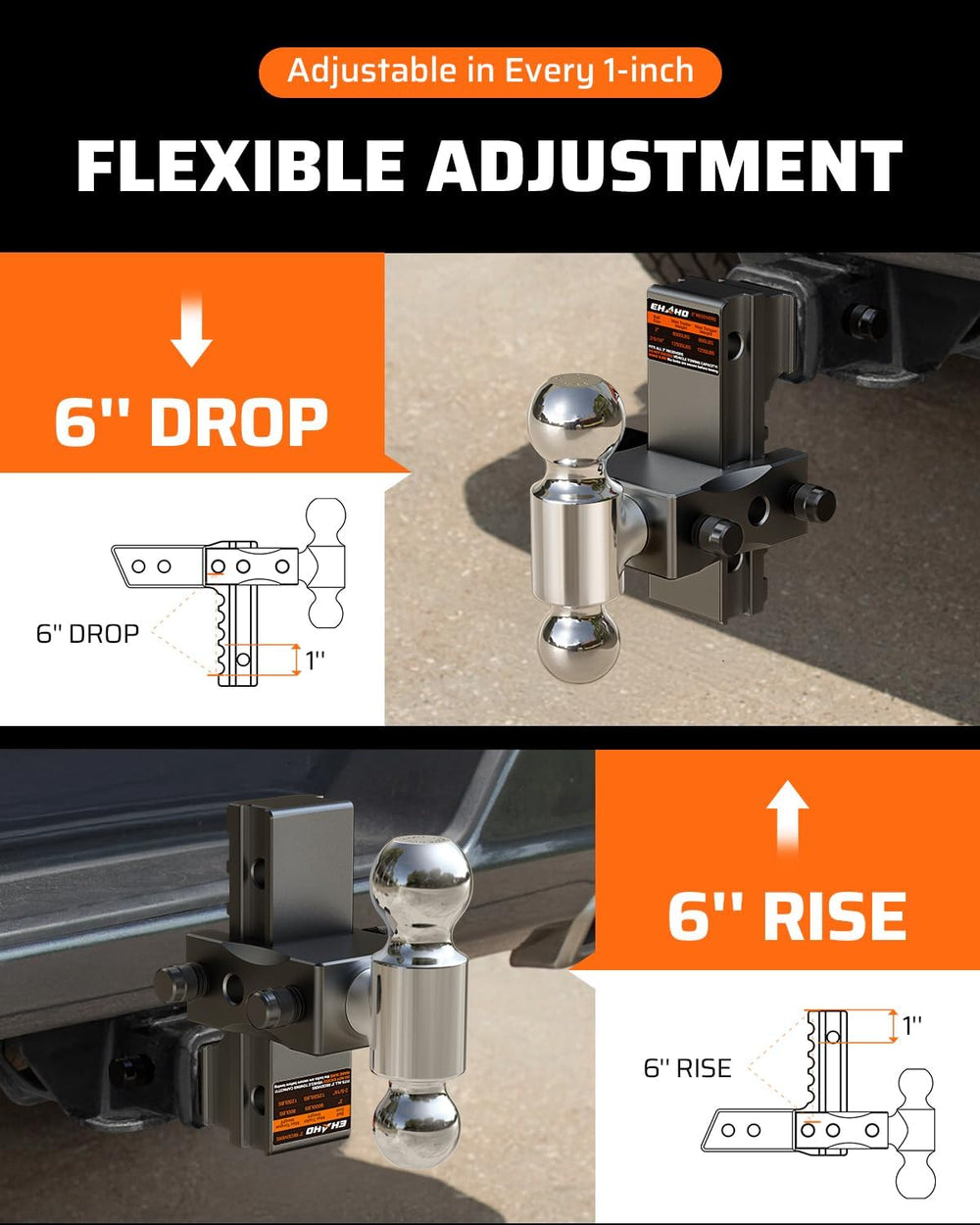 Ehaho Adjustable Trailer Hitch, Aluminum Drop Hitch 2.5 Inch Receiver with 6 ...