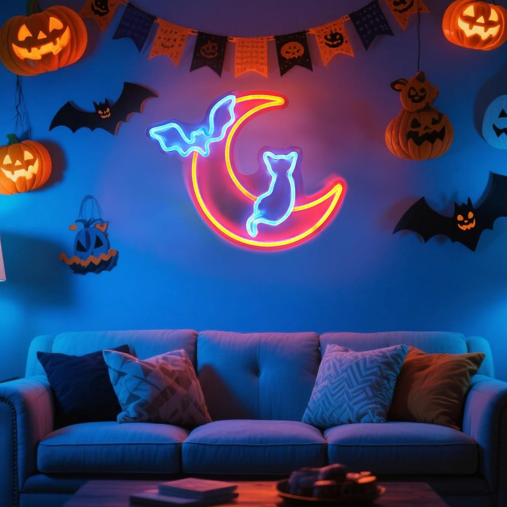 Halloween Neon Sign Wall Decor - Moon&Bat&Cat Themed Halloween LED Li...