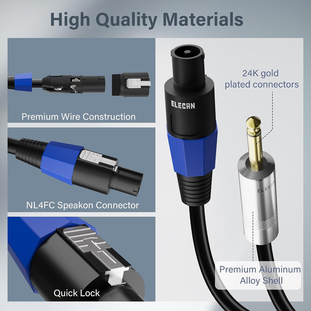 Elecan Premium Speakon to 6.35MM 1/4 Inch TS Male Speaker Cable 25 Ft/2 Pack,...