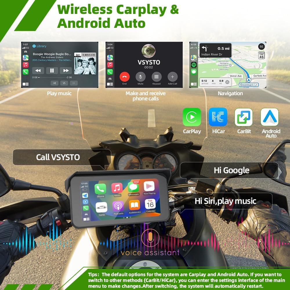 Motorcycle Carplay Screen,5G WiFi 2K Front and Rear Camera, Wireless Carplay ...
