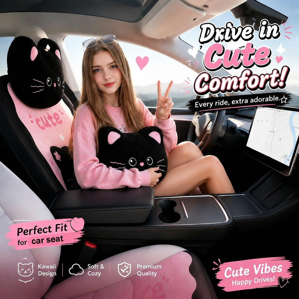 Cute Cat Car Seat Covers For Daily Commutes And Women's Car Decor-11PCS