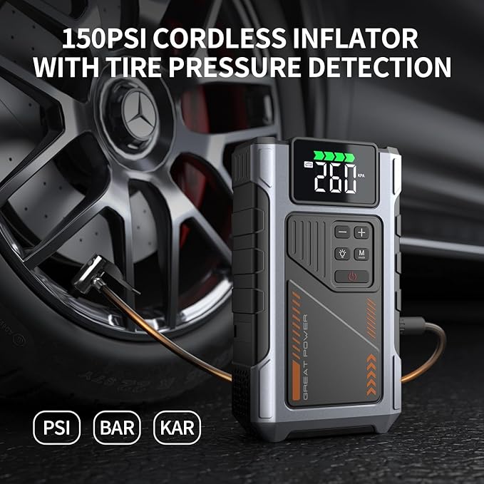 Portable Jump Starter with Air Compressor 4000A Peak with 150PSI Tire Inflator