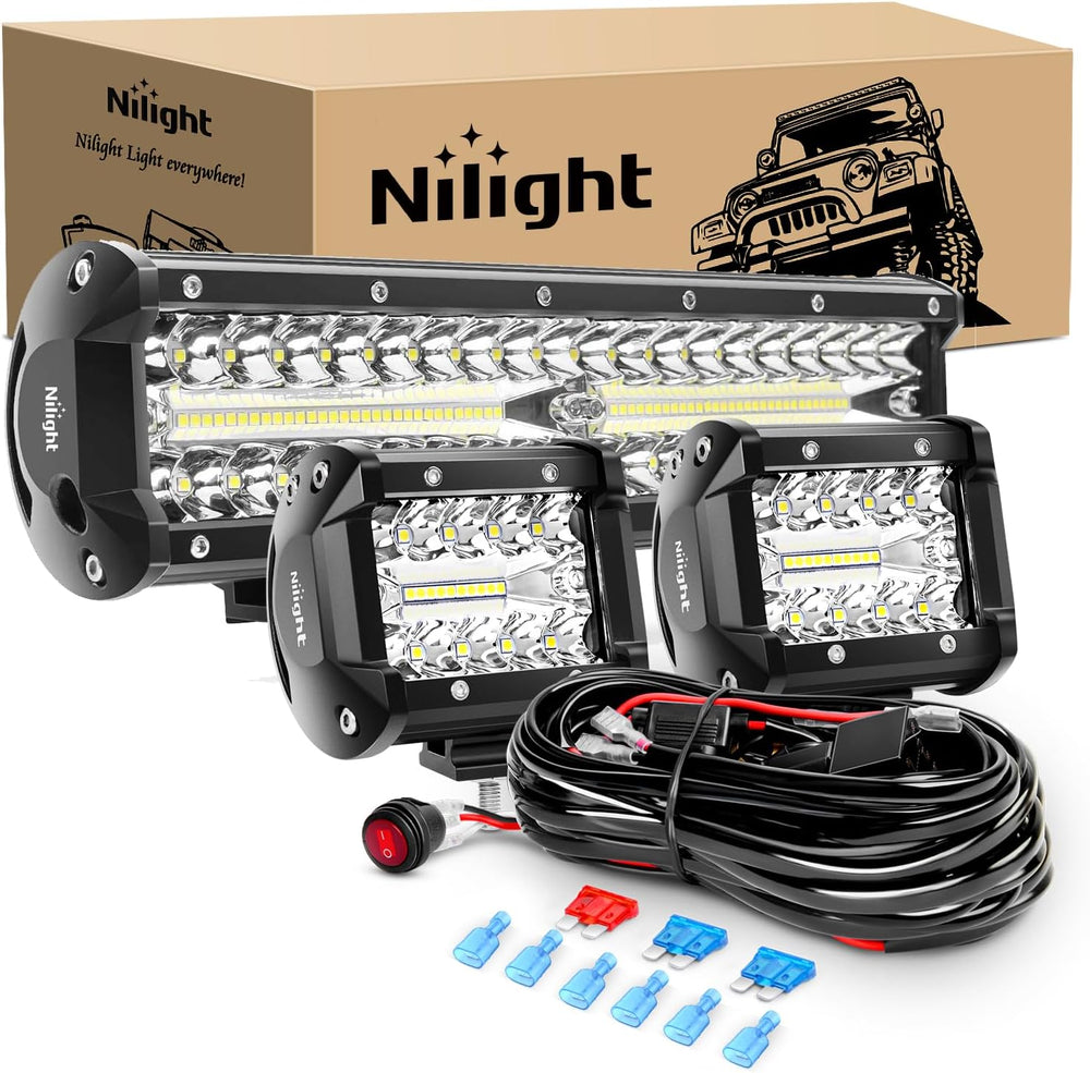 Nilight LED Light Bar Set, 12 Inch 300W Triple Row Spot Flood Combo Work Driv...