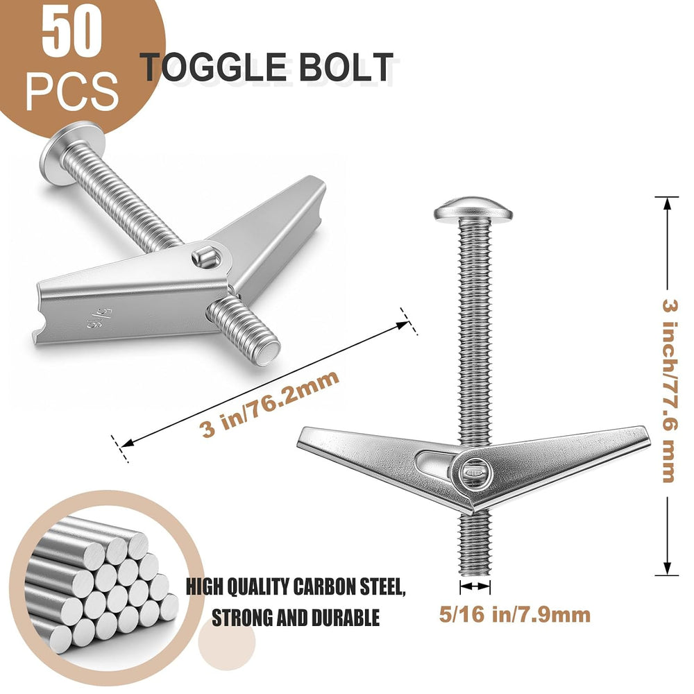 Yaocom 50 Pcs 5/16" X 3" Toggle Bolts and Wing Nut Wall Anchor for ...