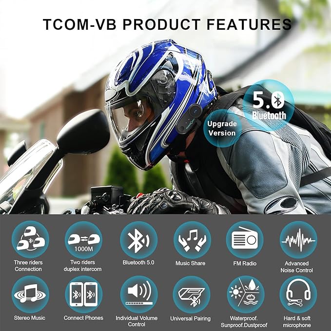 FreedConn TCOM VB Motorcycle Helmet Bluetooth Headset, Motorcycle Communication