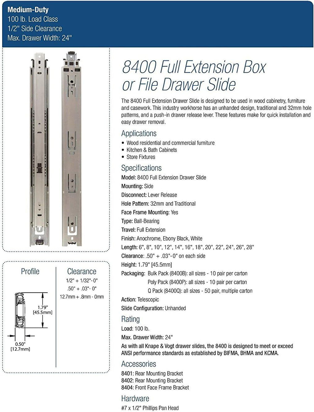 Knape & Vogt 20-Inch Side Mount Full Extension Drawer Slide, 8400P-20, 2 ...
