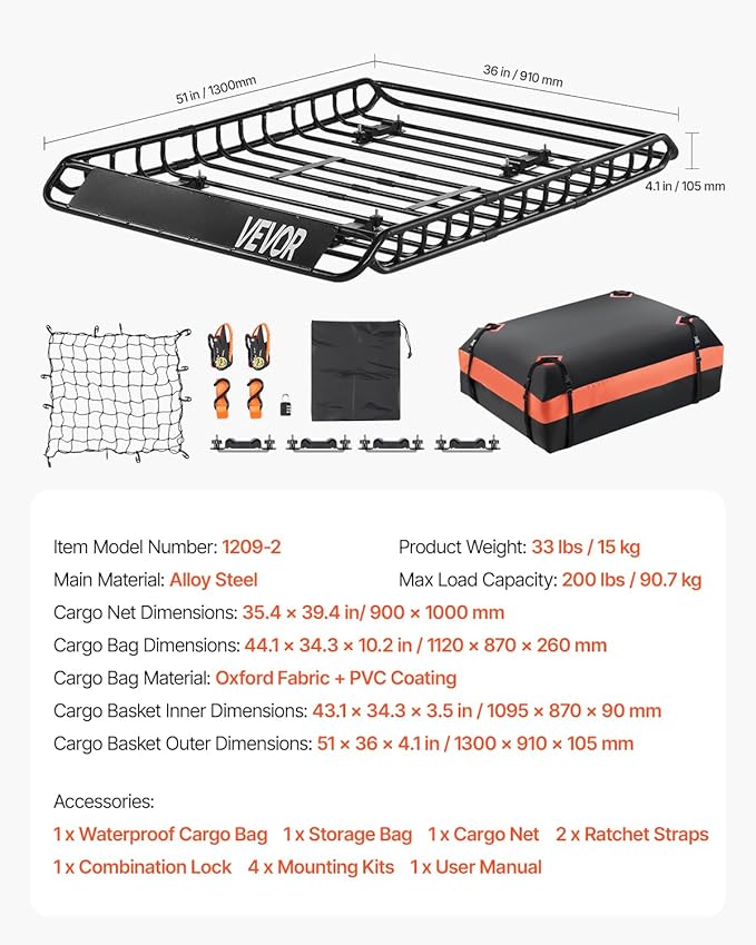 VEVOR Roof Rack Basket, Universal Rooftop Cargo Carrier