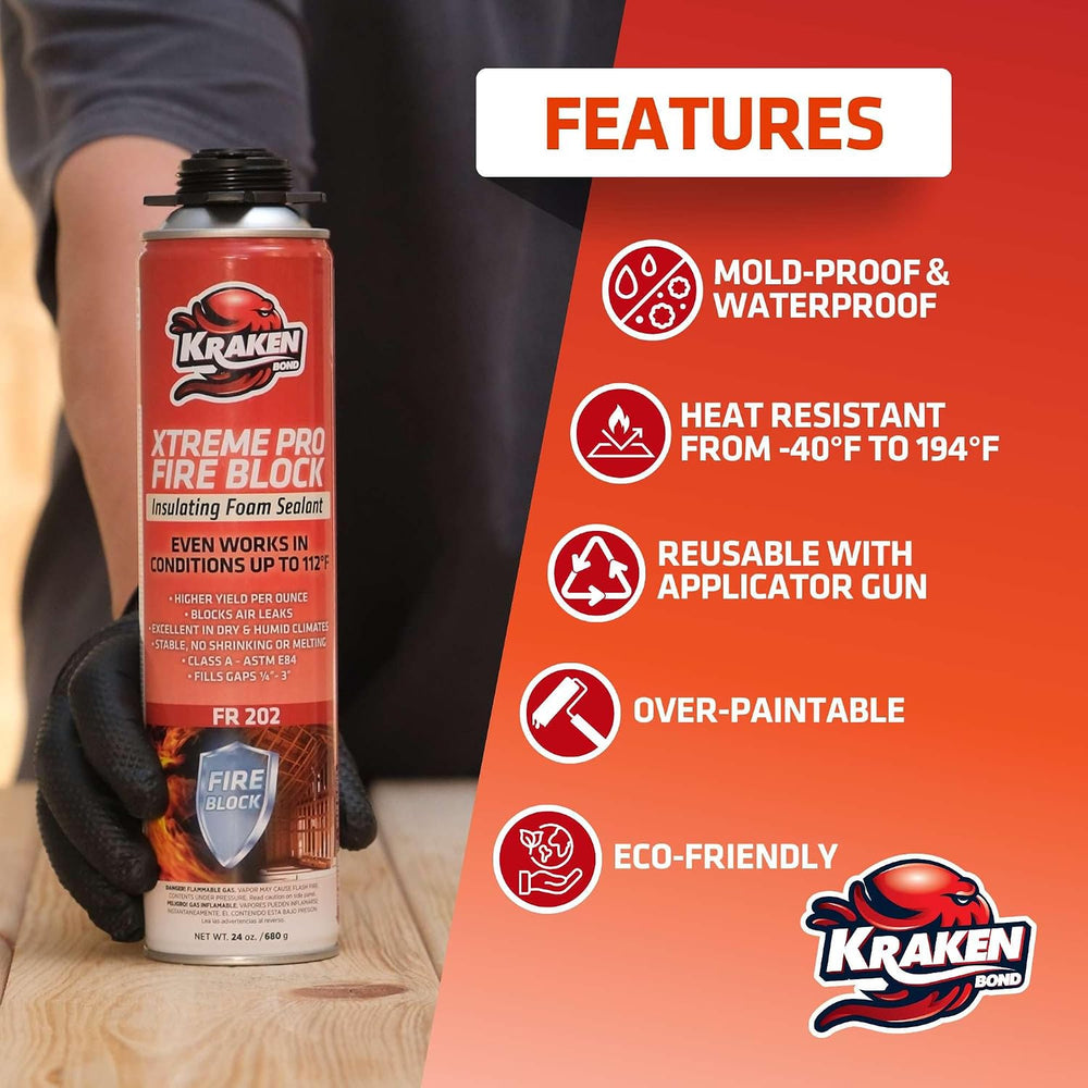 Kraken Bond Xtreme Pro Fire Block Expanding Foam Sealant (12x24oz), Professio...