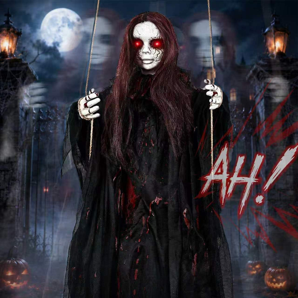 59" Scary Hanging Ghost Girl Halloween Decoration โ Sound & Touch Ac...