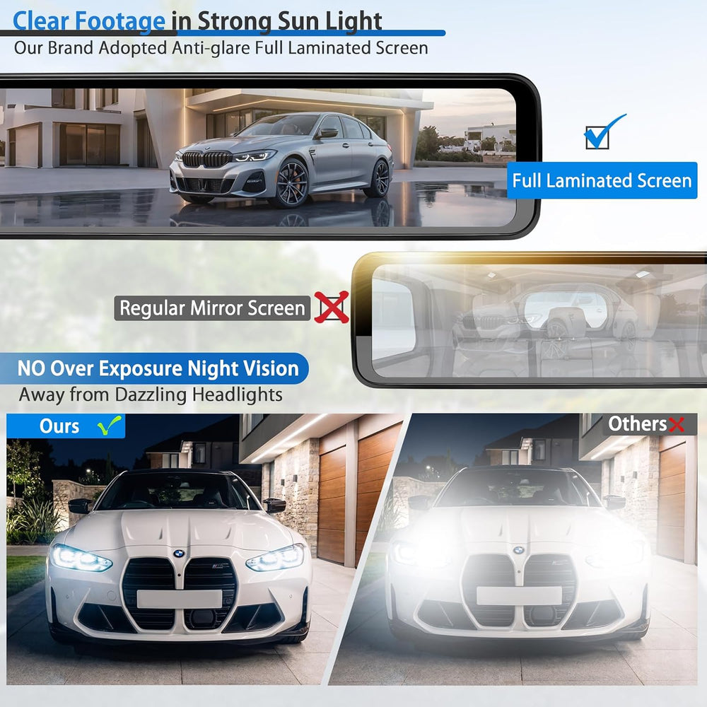 12" Rear View Mirror Dash Cam 3 Channel - Car Rearview Camera Dashcam