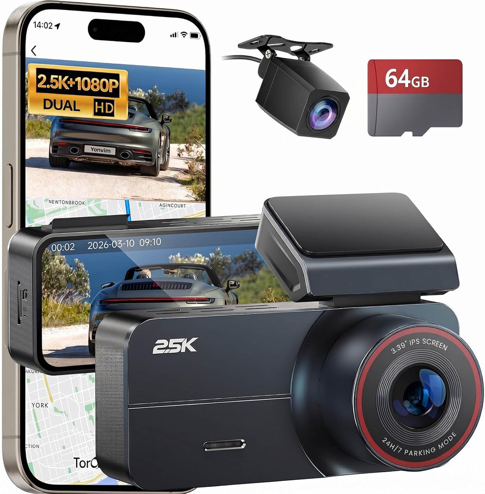 Dash Cam 2.5K Front Rear 64GB WiFi GPS 160ยฐ Night Vision