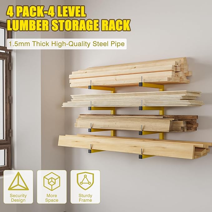4-Pack Lumber Storage Rack, Wood Storage Racks Wall Mount, Heavy Duty Garage