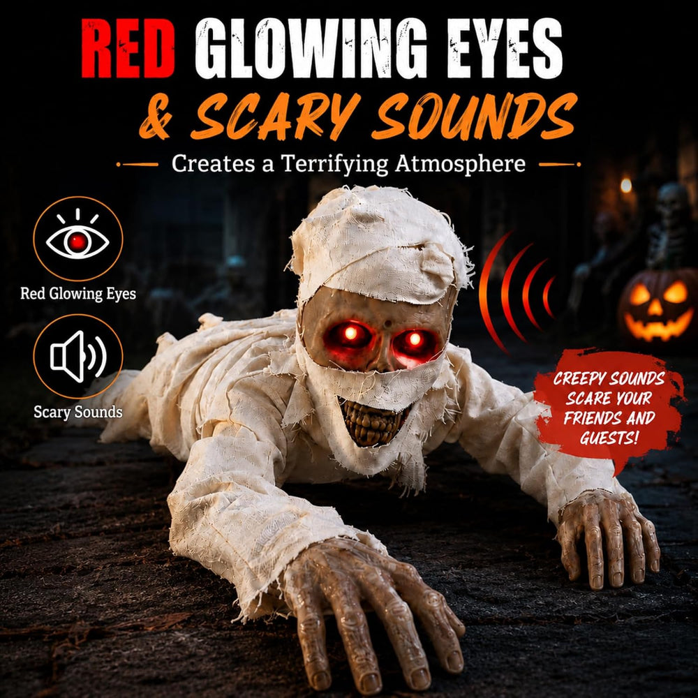Sound Activated Crawling Mummy Halloween Decoration, Skeleton Face Prop