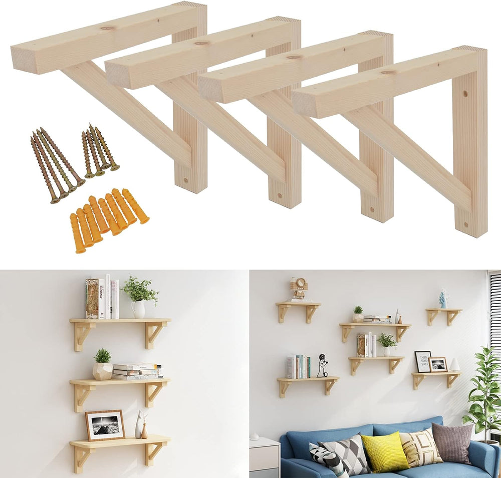 OVOV 4 Pack Wall Mount Wooden Shelf Brackets Triangle 10 Inch