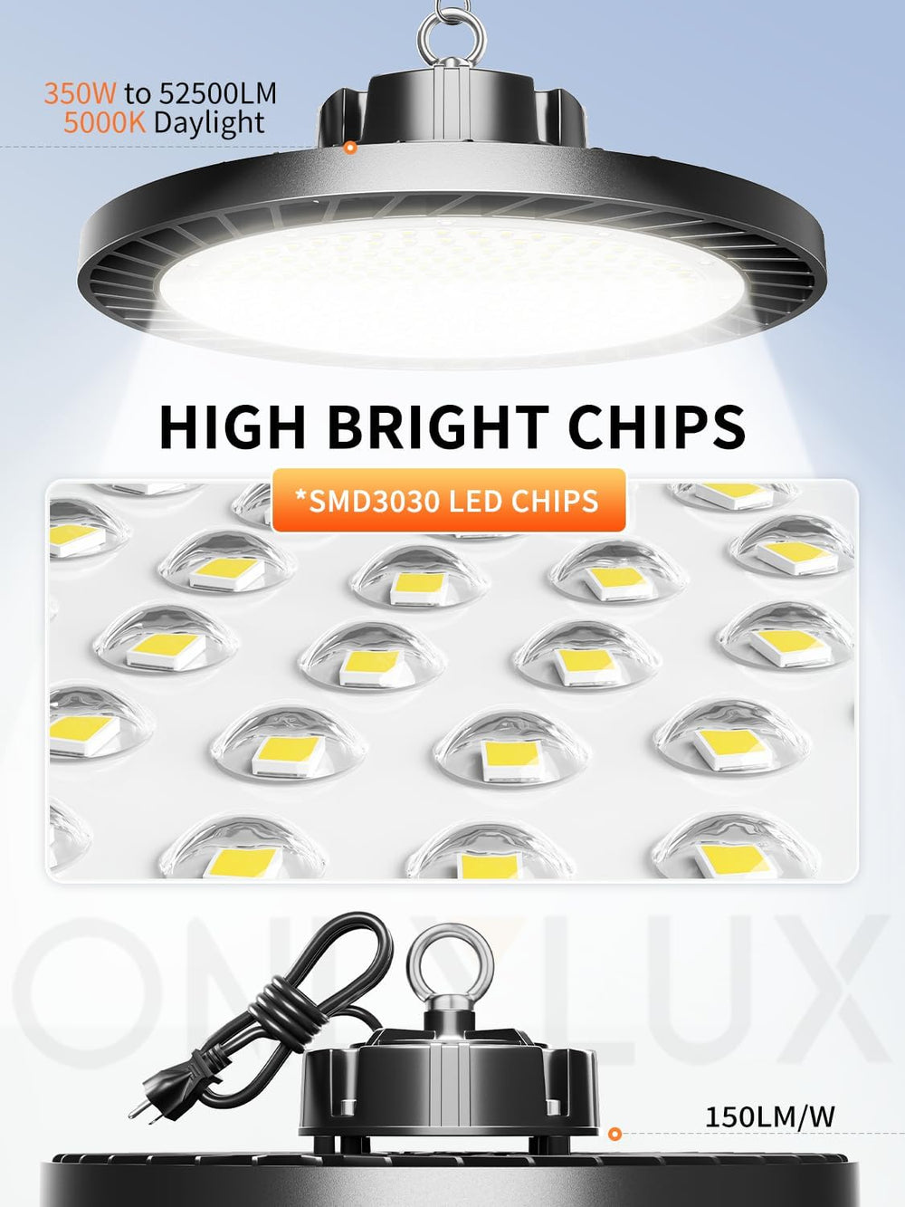 350W UFO LED High Bay Light, 52500LM 5000K Commercial Bay Lighting