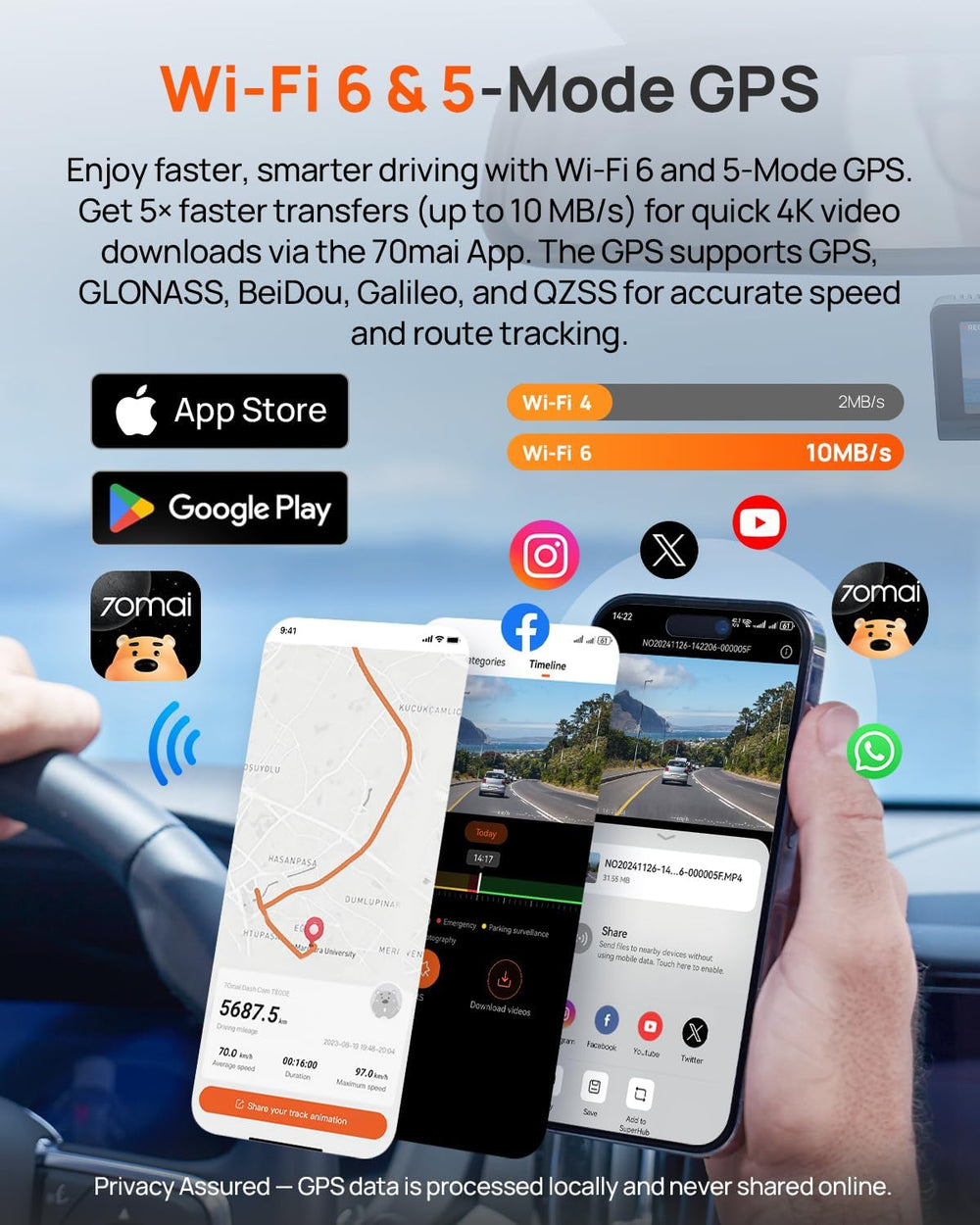 70mai 4K Dash Cam Front and Rear Inside, 3 Channel Car Dash Camera for Cars, ...
