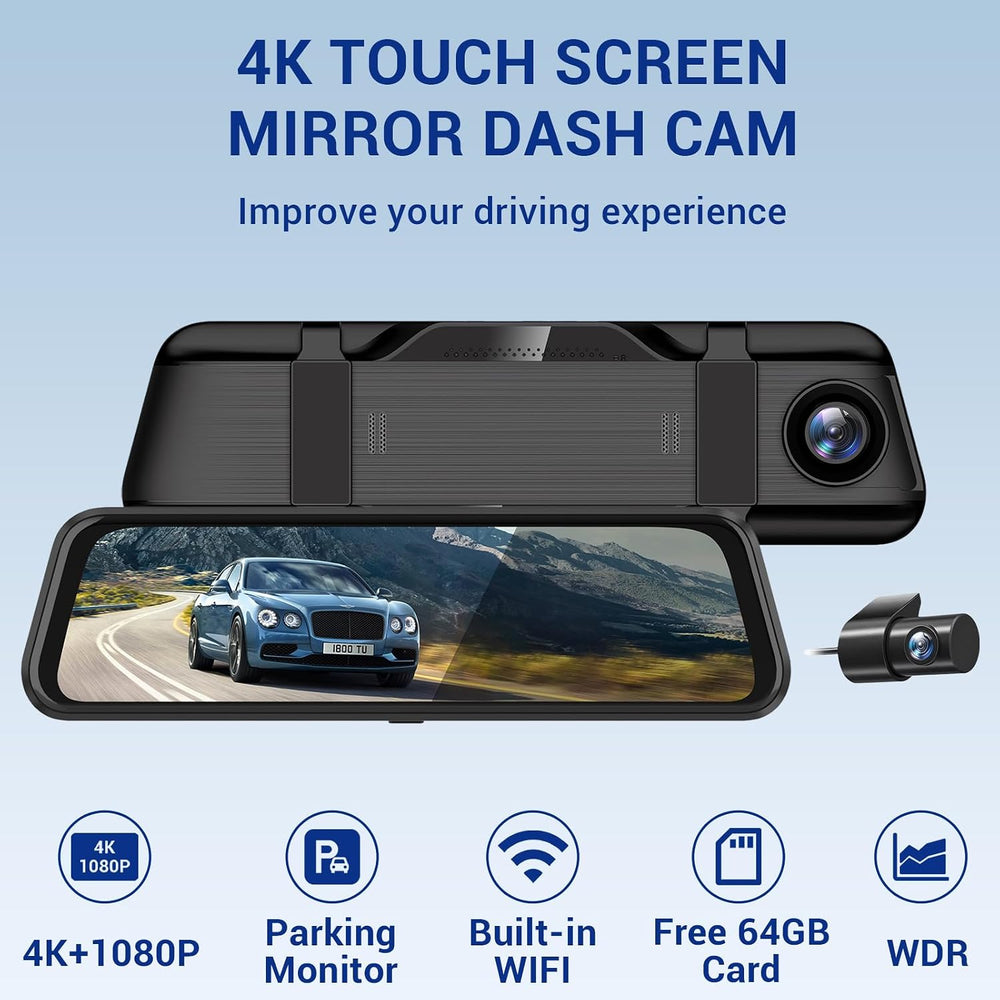 4K Rear View Mirror Camera, 10" Mirror Dash Cam Front and Rear