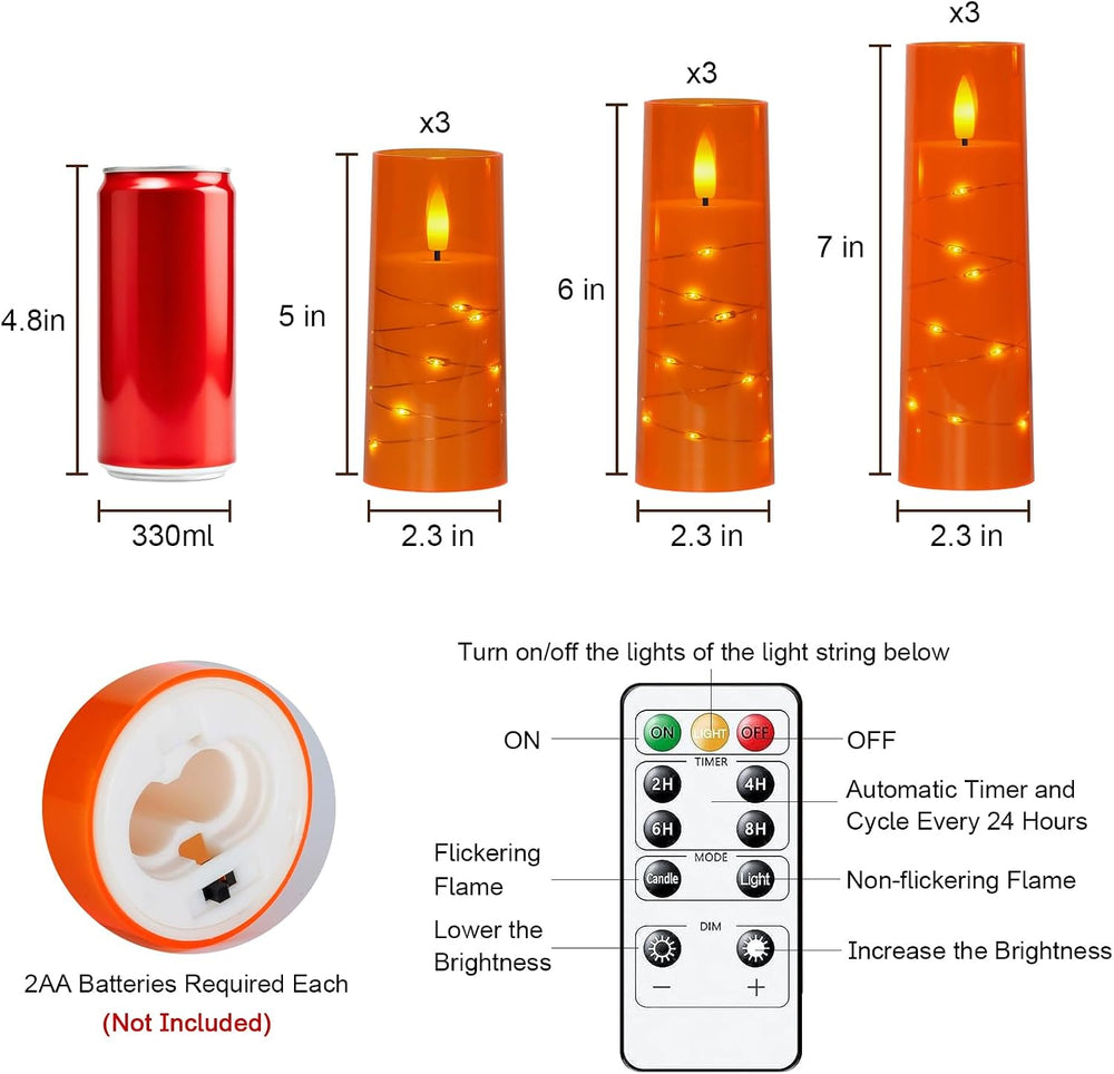 Raycare 9 Pcs Orange Halloween Flameless Pillar Candles with Remote Timer