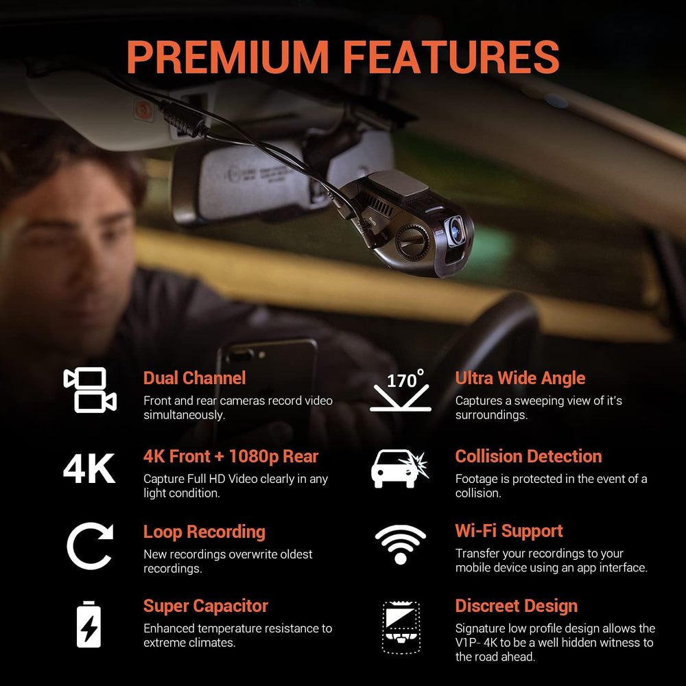 RexingUSA V1P 4K Dual Dash Cam, 4K+1080P Front & Rear, Wi-Fi, 2.4” LCD, 1...