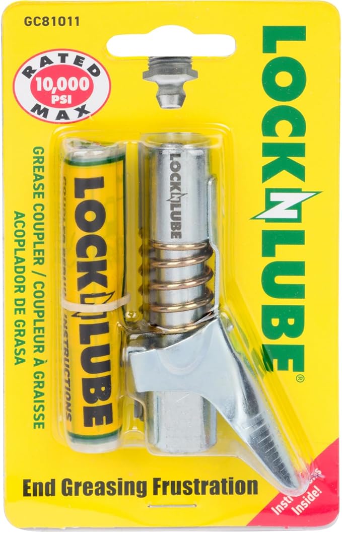 LockNLube Grease Gun Coupler locks onto Zerk fittings. Grease goes in, not on