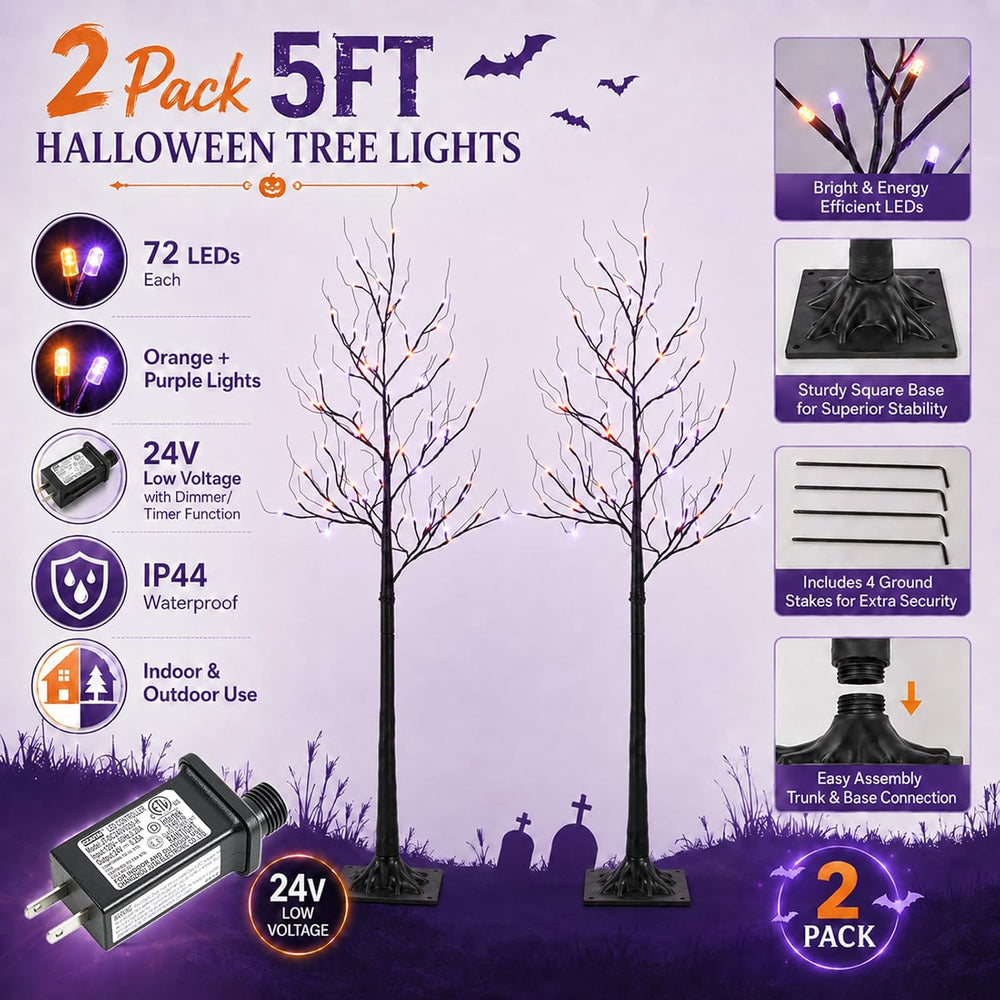5FT LED Lighted Halloween Tree 2-Pack Orange and Purple Lights Dรฉcor