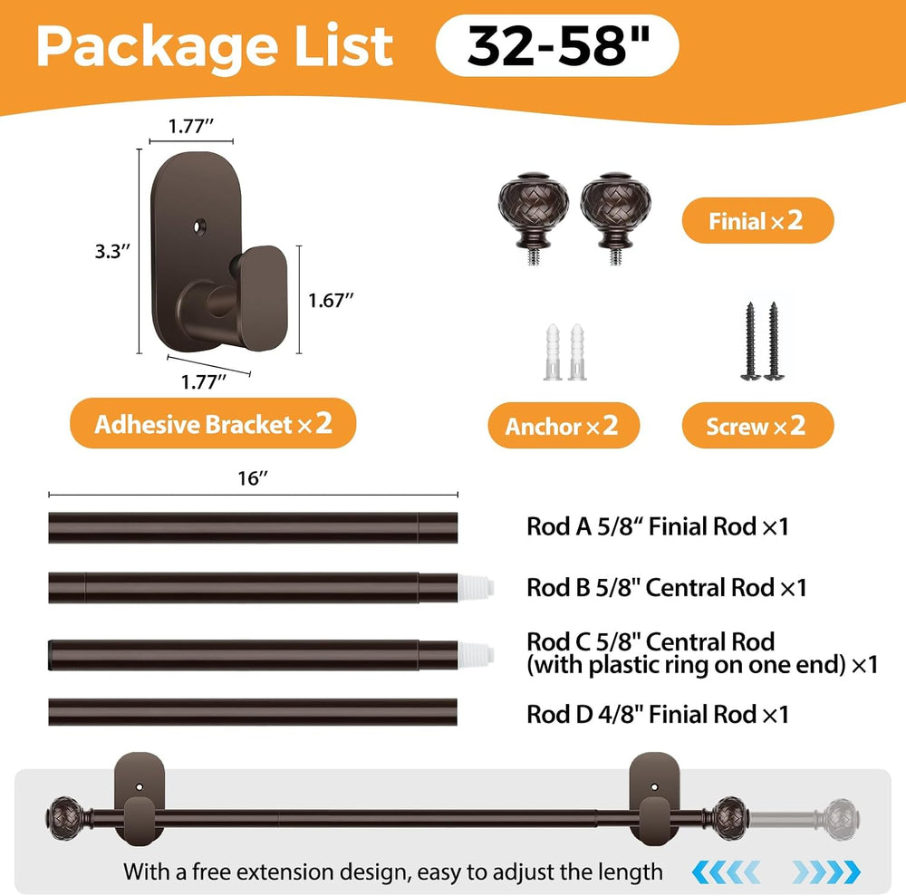 Curtain Rods No Drilling for Windows, 32-58 In, Bronze, 2 Pack