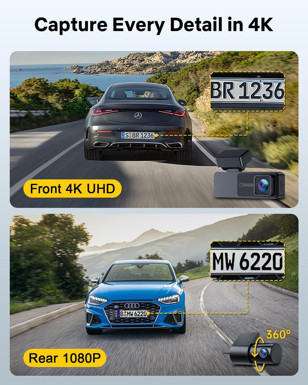 GKU Dash Cam Front and Rear, 3.18'' Touchscreen, 4K+1080P Dashcam
