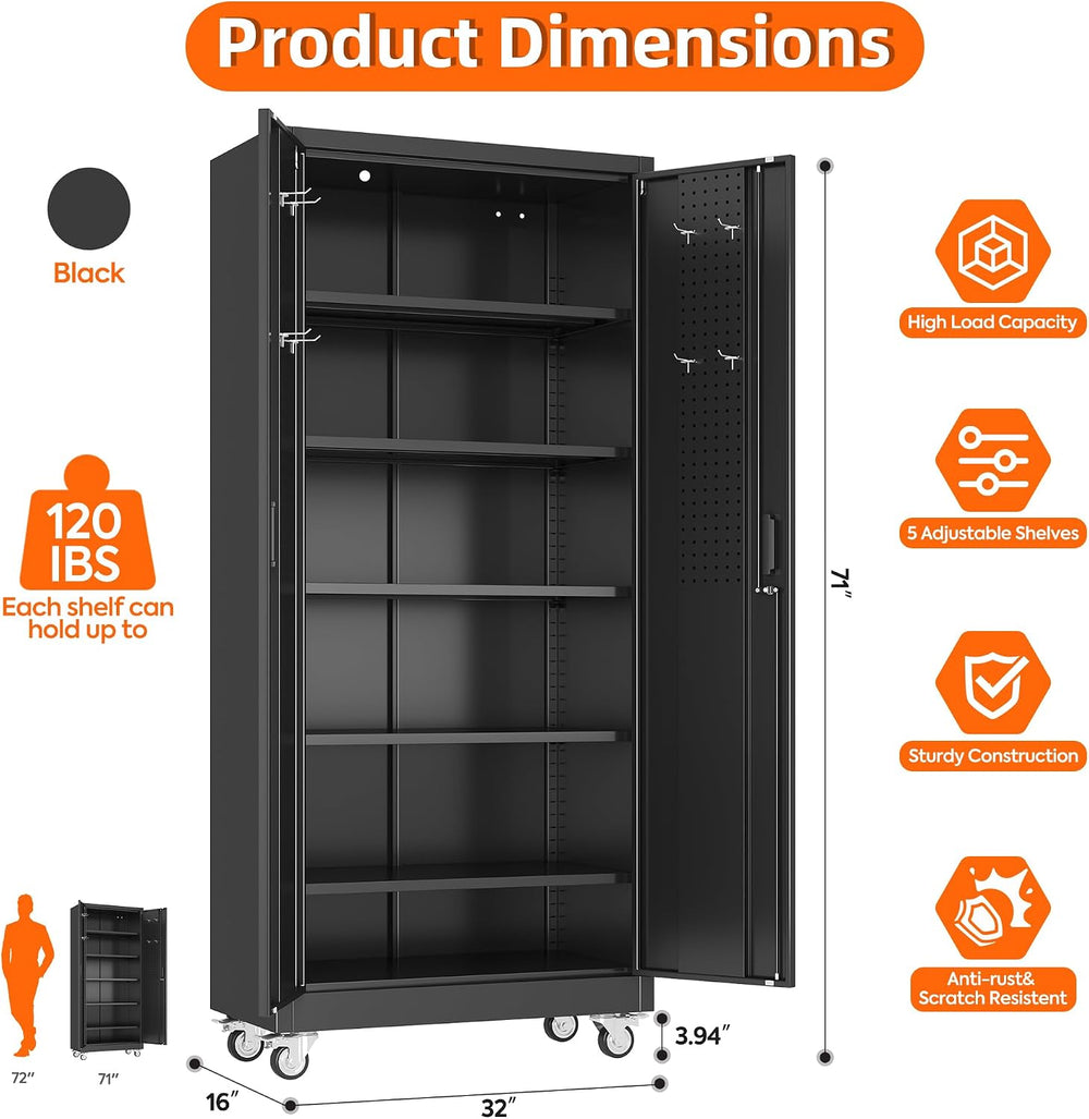 SUXXAN 71"x32"Wx16 D Metal Garage Storage Cabinet with Wheels,Black