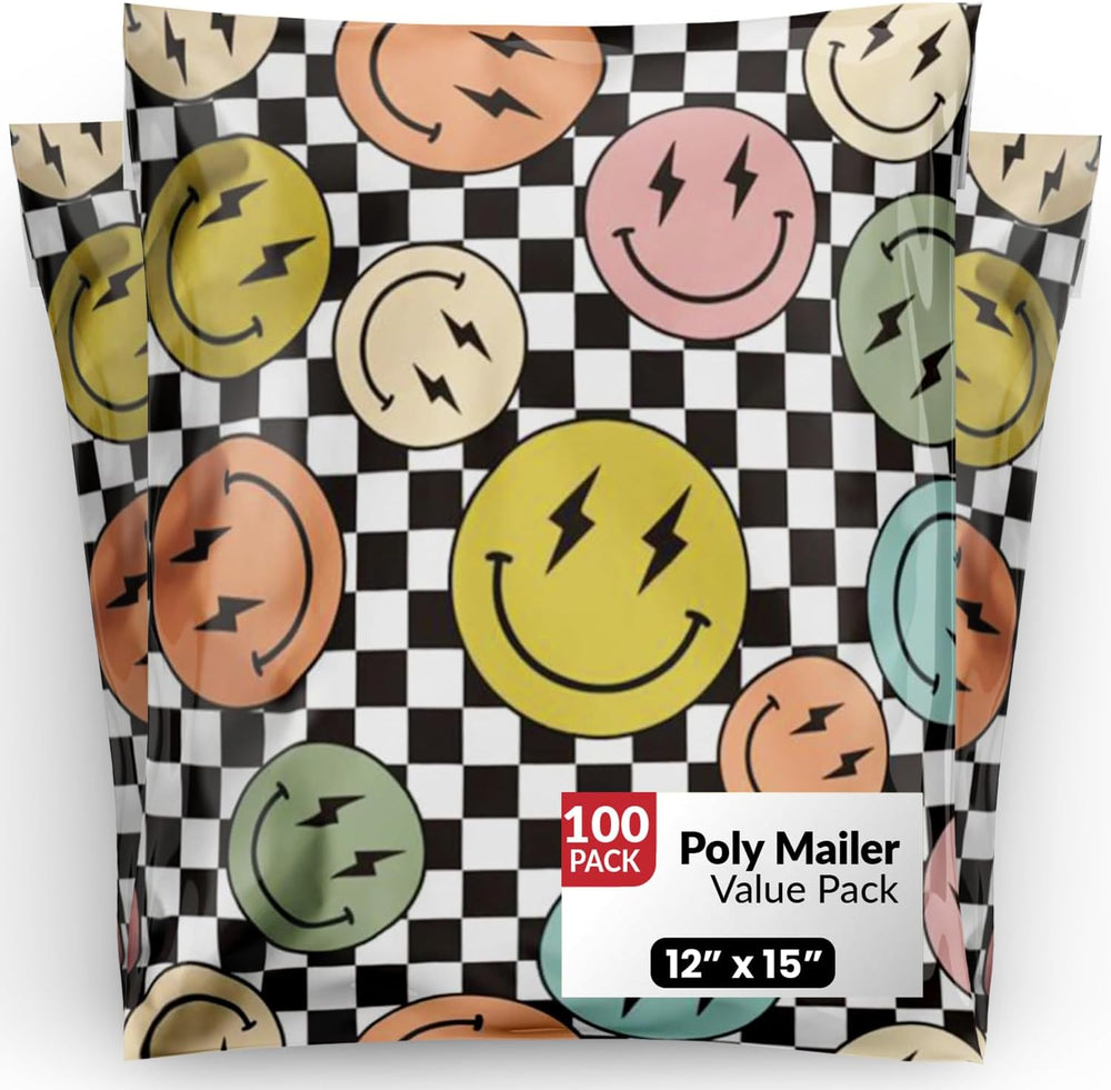12x15 Poly Mailers, Smiles Checkerboard Shipping Bags,100 Pack