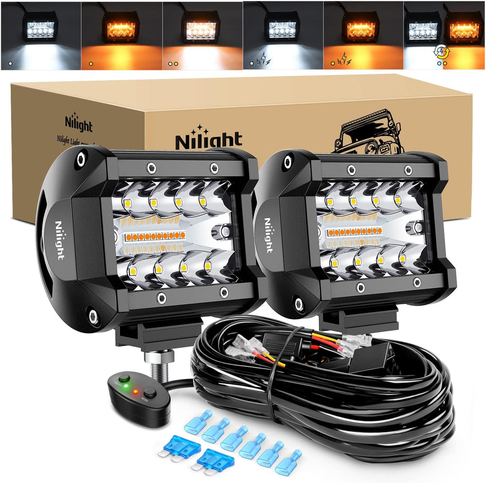 Nilight 4inch Amber White Strobe 6 Modes 60W LED Pod Light