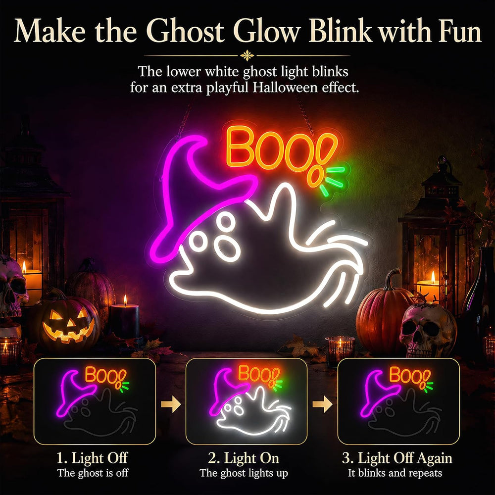 Halloween Neon Sign for Wall Decor, Flashing Halloween Led Sign, Ghost Neon S...