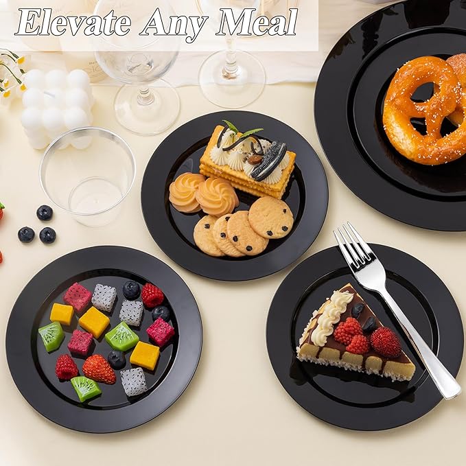 100PCS Black Plastic Plates Set, 50 10.25 inch Dinner Plates and 50 7.5 inch ...