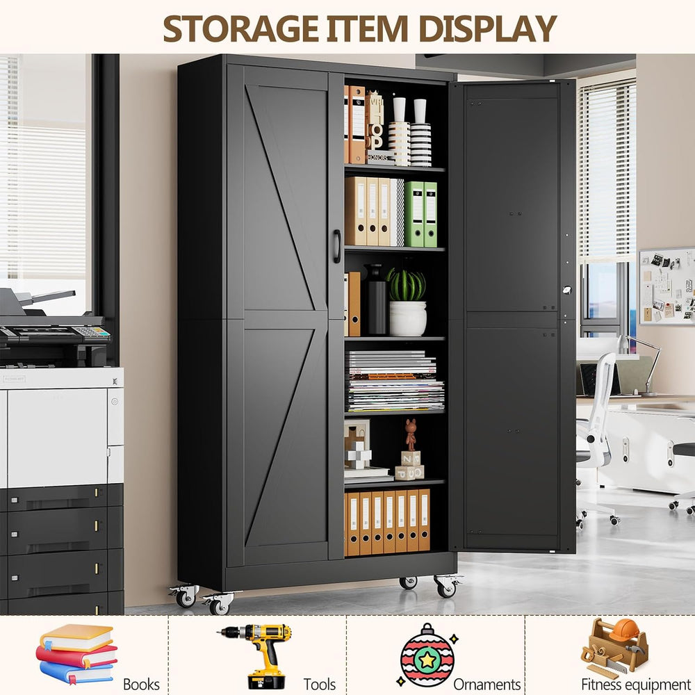 Metal Garage Storage Cabinet, 79”Tall Rolling Utility Cabinet Black