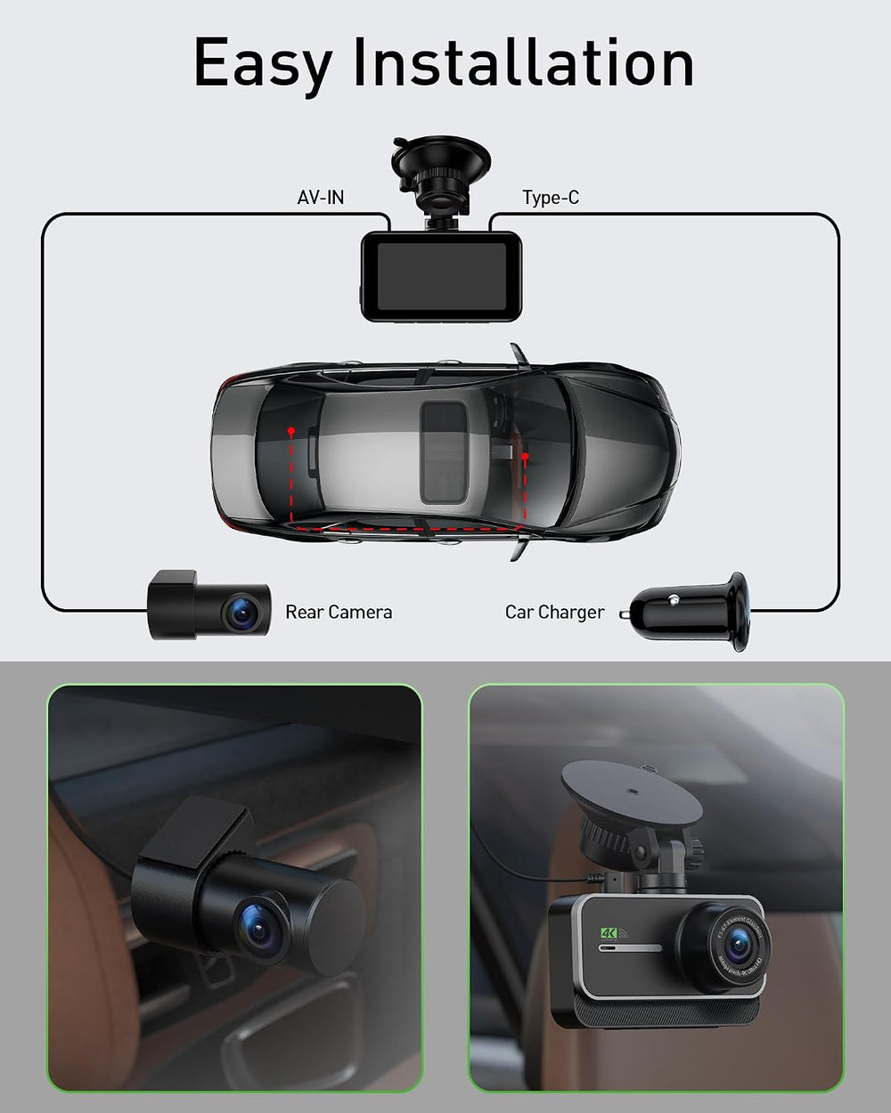 Dash Cam Front and Rear,4K+1080P WiFi Dual Dash Camera for Cars with App, 3&q...
